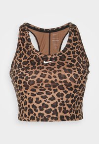 Bruin luipaardprint sportbeha met een racerbackontwerp, opvallende zwarte vlekken en een klein wit Nike-logo aan de voorkant.