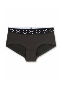 Mutande hipster da donna nera con cintura nera, decorate con modelli di faccine sorridenti e tristi bianche.