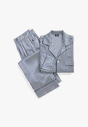 Marineblauw-wit gestreept pyjamaset met een kraag, knoopsluiting aan de voorkant en een broek met elastische tailleband. Zachte stof met een gladde textuur.
