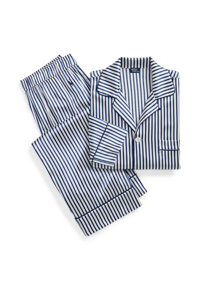 Marineblauw-wit gestreept pyjamaset met een kraag, knoopsluiting aan de voorkant en een broek met elastische tailleband. Zachte stof met een gladde textuur.