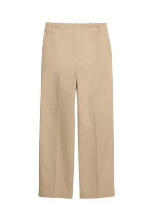 Beige bukser med lige ben, bæltestropper, sidelommer og en glat frontlukning, velegnet til afslappet eller formelt brug.