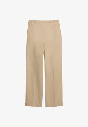 Beige bukser med lige ben, bæltestropper, sidelommer og en glat frontlukning, velegnet til afslappet eller formelt brug.