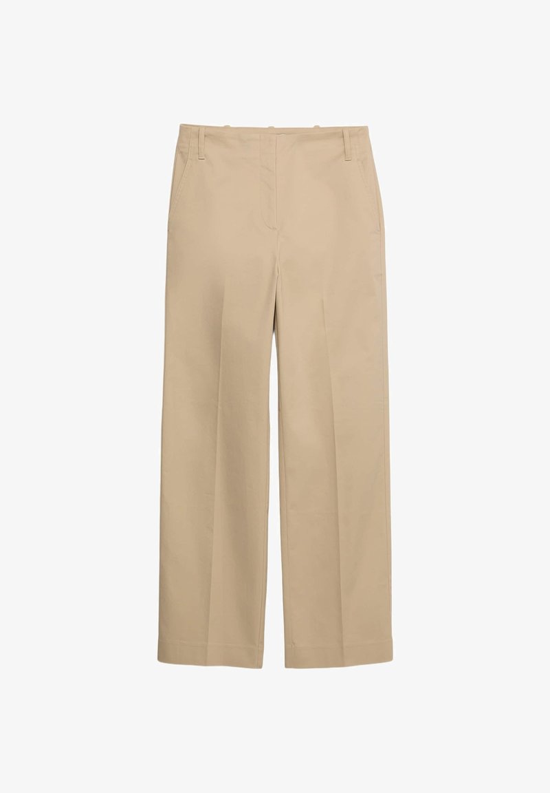 Beige straight-leg trousers with belt loops, side pockets, and a smooth front closure, suitable for casual or formal wear.