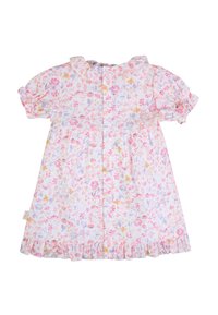 Abito floreale in cotone morbido. Sfondo bianco con motivi di fiori rosa, lavanda e gialli. Maniche e orlo a balze, chiusura con bottoni sul retro.