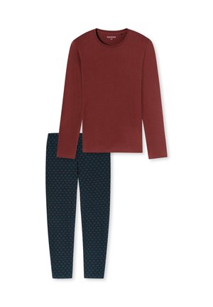 Bordeaux top met lange mouwen en ronde hals, gecombineerd met nauwsluitende marineblauwe leggings met een klein rood geometrisch patroon. Zachte stofstructuur.