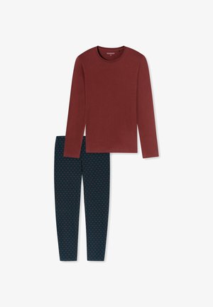 Bordeaux top met lange mouwen en ronde hals, gecombineerd met nauwsluitende marineblauwe leggings met een klein rood geometrisch patroon. Zachte stofstructuur.