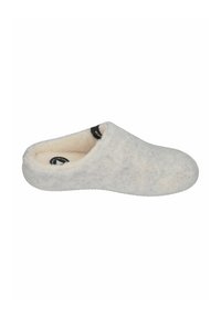 Gray felt slipper with a closed-back design, soft inner lining, and textured rubber sole. Features a black tag on the side.