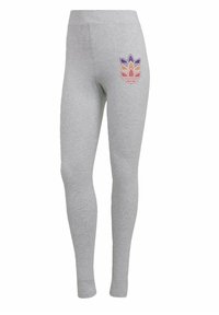 Ljusgrå, åtsittande leggings med hög midja och en flerfärgad blommig logotyp på övre vänster lår.