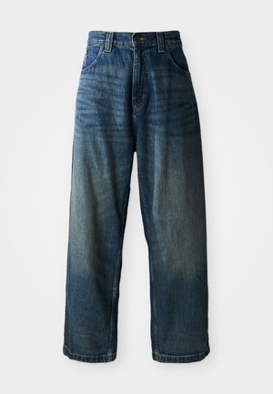 Wide-leg blue denim jeans with a faded finish. Features five pockets, a button closure, and contrasting stitching. Heavyweight fabric.