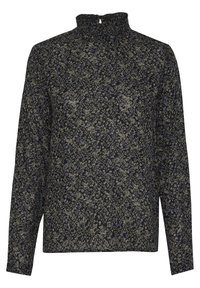 Bluzka z długim rękawem i wysokim kołnierzem, zdobiona kwiatowym wzorem w odcieniach niebieskiego i złotego na ciemnym tle. Miękka tkanina o teksturowanym wykończeniu.