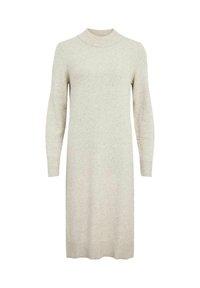 Abito lavorato a maglia grigio chiaro con collo alto, maniche lunghe e polsini a coste. Il design è semplice con una silhouette dritta.