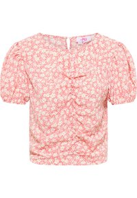 Rosa bluse med blomsterprint og puffærmer, med et samlet design og en lille nøglehulåbning bagpå. Fremstillet af letvægtsstof med en blød tekstur.