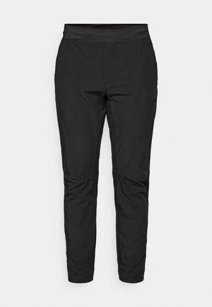 Black stretch pants with a fitted design, elastic waistband, and zippered pockets. Smooth texture with a slightly shiny finish.