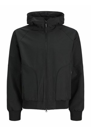 Sort zip-up jakke med hætte, der har frontlommer, elastiske manchetter og en glat stofstruktur. Enkel, struktureret design.