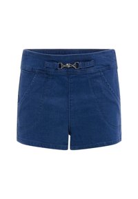 Navyblå denim shorts med en bred talje, dekorativ knudedetail, to forlommer og en pæn kant. Glat tekstur.