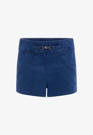 Navy blue denim shorts with a wide waistband, decorative knot detail, two front pockets, and a neat hemline. Smooth texture.