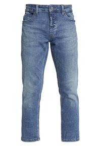 Blauwe denim jeans met een rechte pijp, klassiek ontwerp met vijf zakken, ritssluiting en subtiele vervaging voor een gedragen uitstraling.