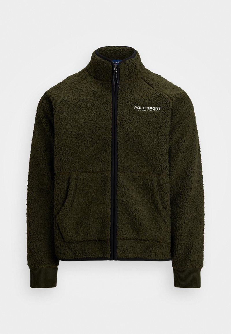 Fleece zip-up jakke i mørk oliven, med høj krave, sort lynlås og to frontlommer. "POLO SPORT" logo i hvid på brystet.