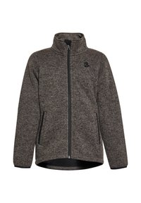 Giacca in fleece grigia scura con colletto alto, zip frontale completa e due tasche laterali. Presenta un logo sottile sul petto.