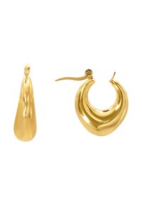 Boucles d'oreilles en or présentant une forme en goutte d'eau et une forme de croissant. Surface lisse et brillante avec un design sans couture et des fermoirs sécurisés.