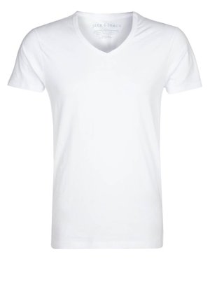 White V-neck t-shirt made from soft cotton. Short sleeves, a relaxed fit, and minimal stitching. No patterns or graphics present.