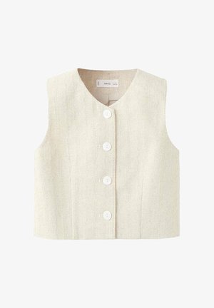 Veste sans manches couleur crème avec boutons, rayures verticales texturées et col rond, présentée sur un fond blanc.