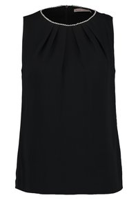 Svart ärmlös topp med plisserad design, rund halsringning prydd med pärldetaljer, tillverkad av slätt tyg. Dragkedja i ryggen.