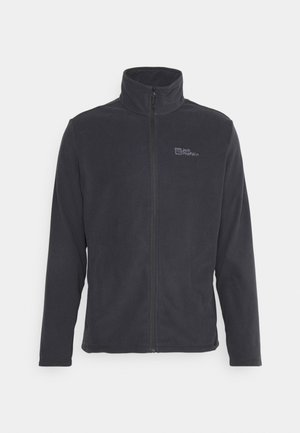 Black fleece jacket with a high collar and full front zipper. Features a small logo on the chest and long sleeves. Soft texture.