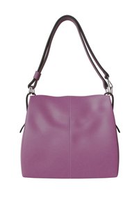 Purple synthetic leather handbag with a smooth texture, rounded shape, and dual-tone straps. Features silver-tone hardware and a minimalist design.