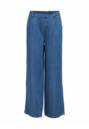 Blue wide-leg denim pants with elastic waistband and belt loops, front seam and pockets, displayed against white background.