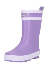 Barns lilla gummistøvle i lilla med hvid kant, tekstureret sål og "ZIGZAG"-logo nær toppen.