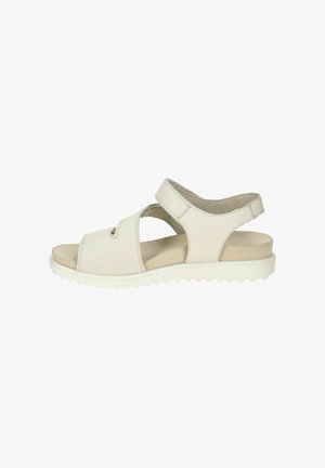 Beige Sandale mit offenen Zehen, zwei verstellbaren Riemen und gepolsterter Sohle, designed für Komfort und einfaches Anziehen.