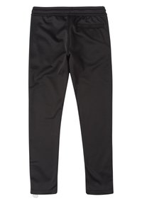 Pantalones deportivos negros de poliéster suave, con una cintura elástica, corte ajustado y un solo bolsillo trasero.