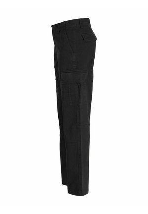 Pantalons cargo noirs avec plusieurs poches, en tissu durable. Présente un design droit et des accents couturés pour une touche supplémentaire.