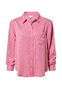 Light pink button-up shirt with long sleeves, a front pocket, and a soft, slightly textured fabric. Features a classic collar and button closure.