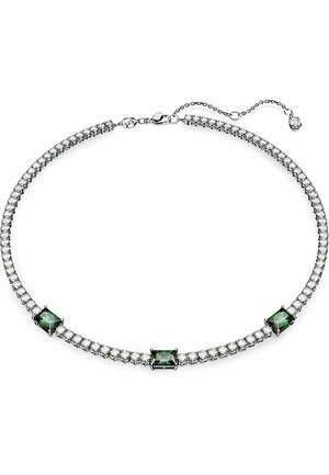 Silver-tone necklace featuring three emerald-cut green stones set between clear crystals, with an adjustable chain closure.