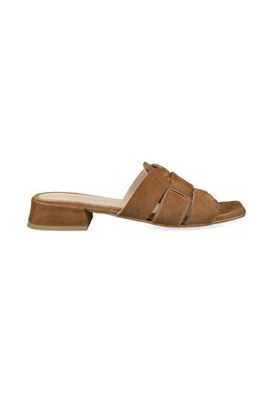 Brown suede open-toe mule sandal with wide crisscross straps and a low block heel on a white background.