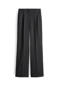 Dark gray straight-leg trousers with button and zip closure, side pockets, and belt loops.