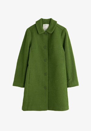 Green wool coat with a textured finish, button-up front, and a classic collar. Features side pockets and a slightly A-line silhouette.