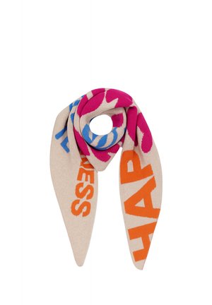 Beige scarf with large orange, pink, and blue letters arranged in a knot with pointed ends hanging down.