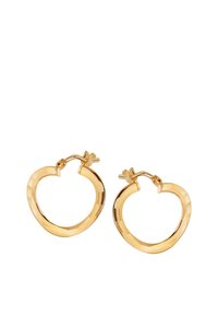 Złote kolczyki w kształcie serca z falistym wzorem. Posiadają błyszczące wykończenie i bezpieczne zapięcie.