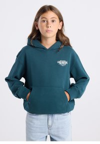 Teal hooded sweatshirt with a front pocket and white "GOOD MORNING New York" graphic. Made of soft, textured fabric with ribbed cuffs.