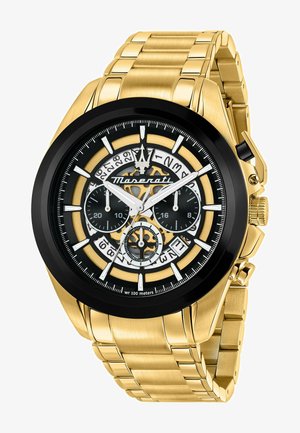 Goldfarbene Edelstahl-Uhr mit schwarzem Zifferblatt in Rundform, Chronographenfunktionen und einem Gliederarmband. Bemerkenswert sind die kräftigen Ziffern und das Maserati-Logo.