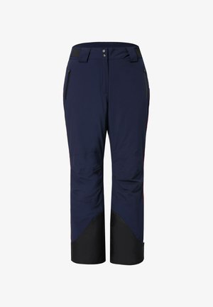Mørkeblå skibukser med sort bunddel, der har to lynlåslommer, en knaplukning og en lige pasform. Letvægts, vandafvisende stof.