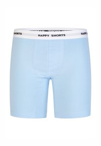 Lichtblauwe boxershorts van zacht katoenmixmateriaal. Heeft een witte elastische tailleband met "HAPPY SHORTS" in het zwart gedrukt.