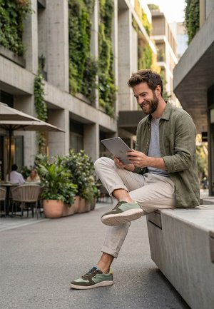 Hombre sentado en un banco de concreto al aire libre, usando una tableta, rodeado de vegetación y edificios modernos con jardines verticales.