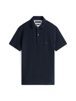 Navy blue polo shirt made of cotton. Features a classic collar, two-button placket, and a small logo on the left chest. Short sleeves.