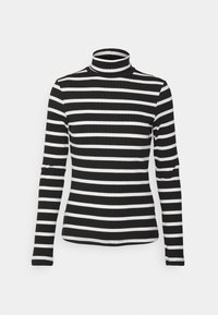 Zwart-wit gestreepte turtleneck sweater met lange mouwen, geribbelde textuur en aansluitend ontwerp. Horizontale strepen wisselen van breedte.