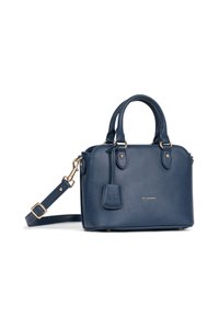 Borsa a mano in ecopelle blu navy con dettagli in oro, doppie maniglie superiori, tracolla rimovibile e un piccolo etichetta in pelle.