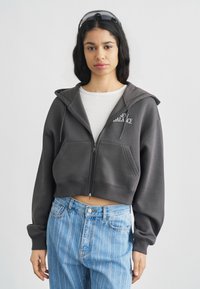 Κοντή, σκούρα γκρι ζακέτα με φερμουάρ, κουκούλα και μπροστινές τσέπες. Συνδυασμένη με ψηλόμεσα, ανοιχτό μπλε τζιν με ρίγες. Διαφανές φόντο.